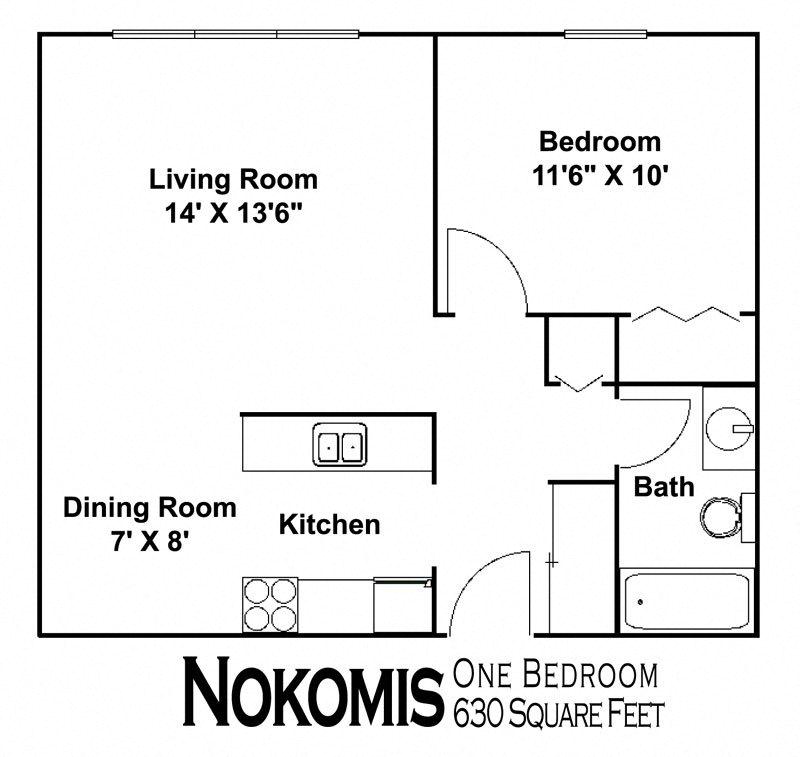 Floor plan for 1 bed, 1 bath, 630 sqft